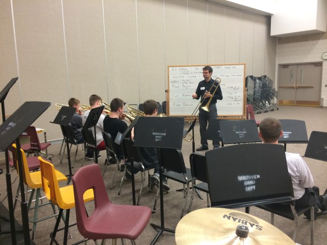 9th Grade trombone players talking jazz trombonists with Mike Conrad