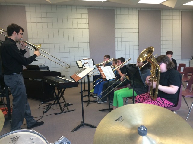 Mike Conrad working with the Prairie Ridge jazz trombones